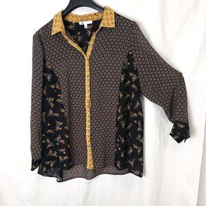 DR2 Button Down Sheer Shirt Floral Diamond Print - Plus Size 1X